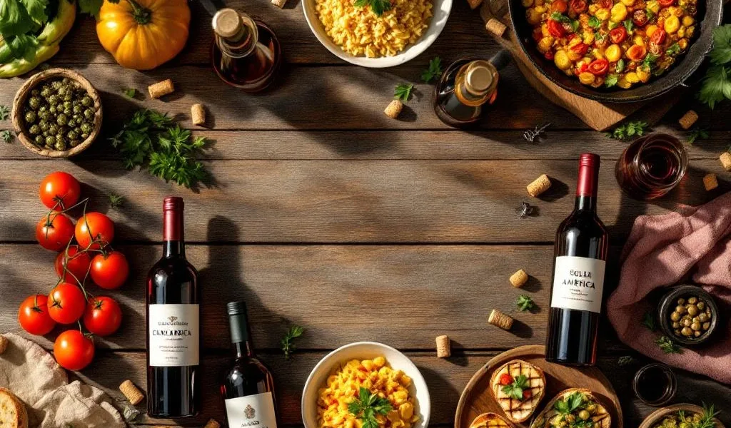 Acht Zuid-Amerikaanse wijnflessen in cirkel rond houten tafel met paella, bruschetta en gegrilde groenten