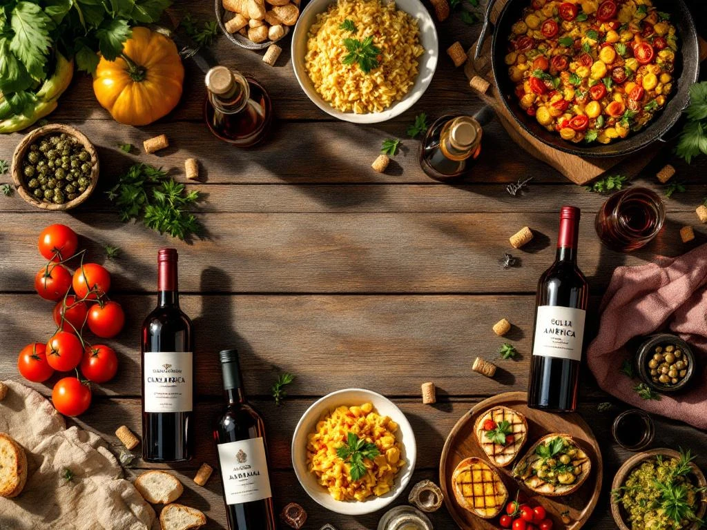 Acht Zuid-Amerikaanse wijnflessen in cirkel rond houten tafel met paella, bruschetta en gegrilde groenten