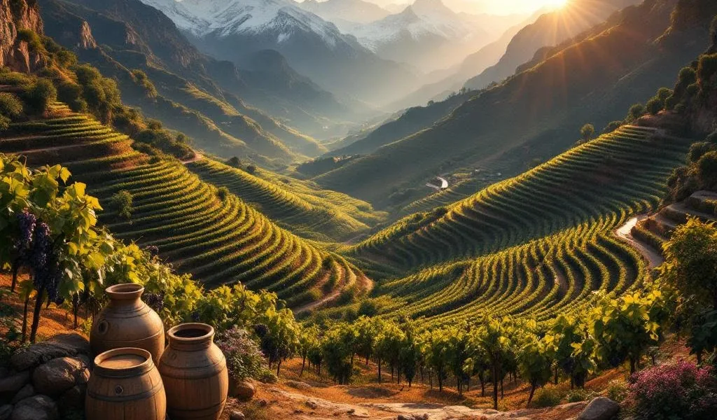 Luchtfoto van terrasvormige wijngaarden op Zuidamerikaanse berghellingen met rijpe druiven en Andes op achtergrond