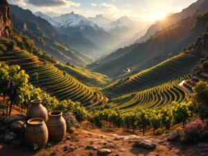 Luchtfoto van terrasvormige wijngaarden op Zuidamerikaanse berghellingen met rijpe druiven en Andes op achtergrond