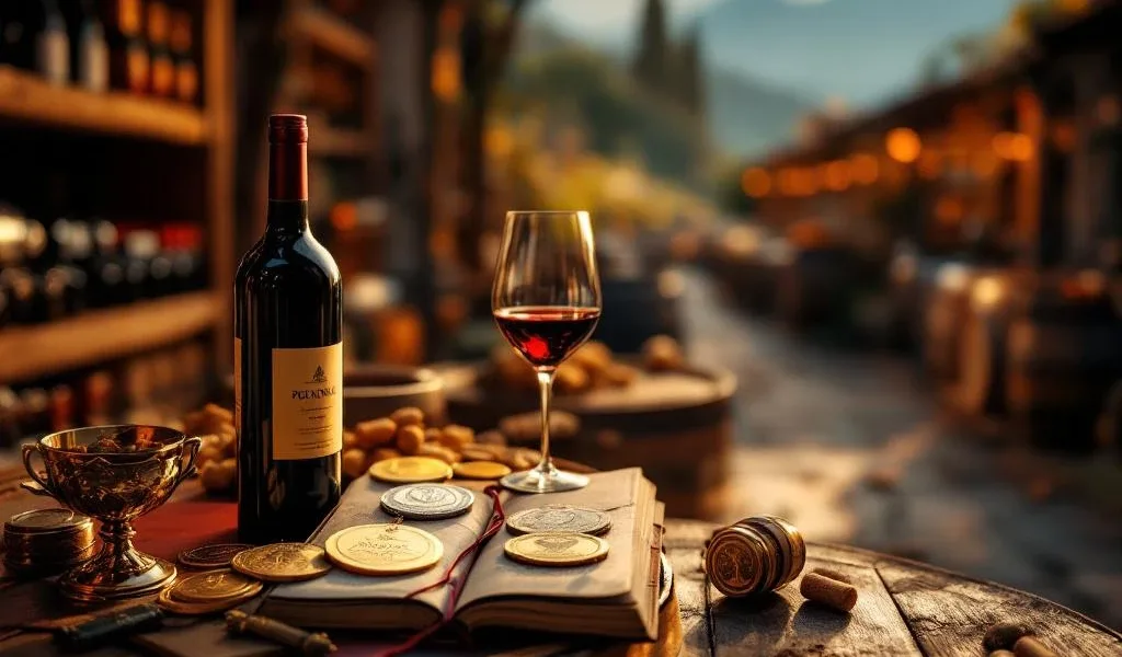 Luchtfoto van elegante wijnkelder met Zuid-Amerikaanse wijnen, gouden trofeeën en medailles tussen houten rekken