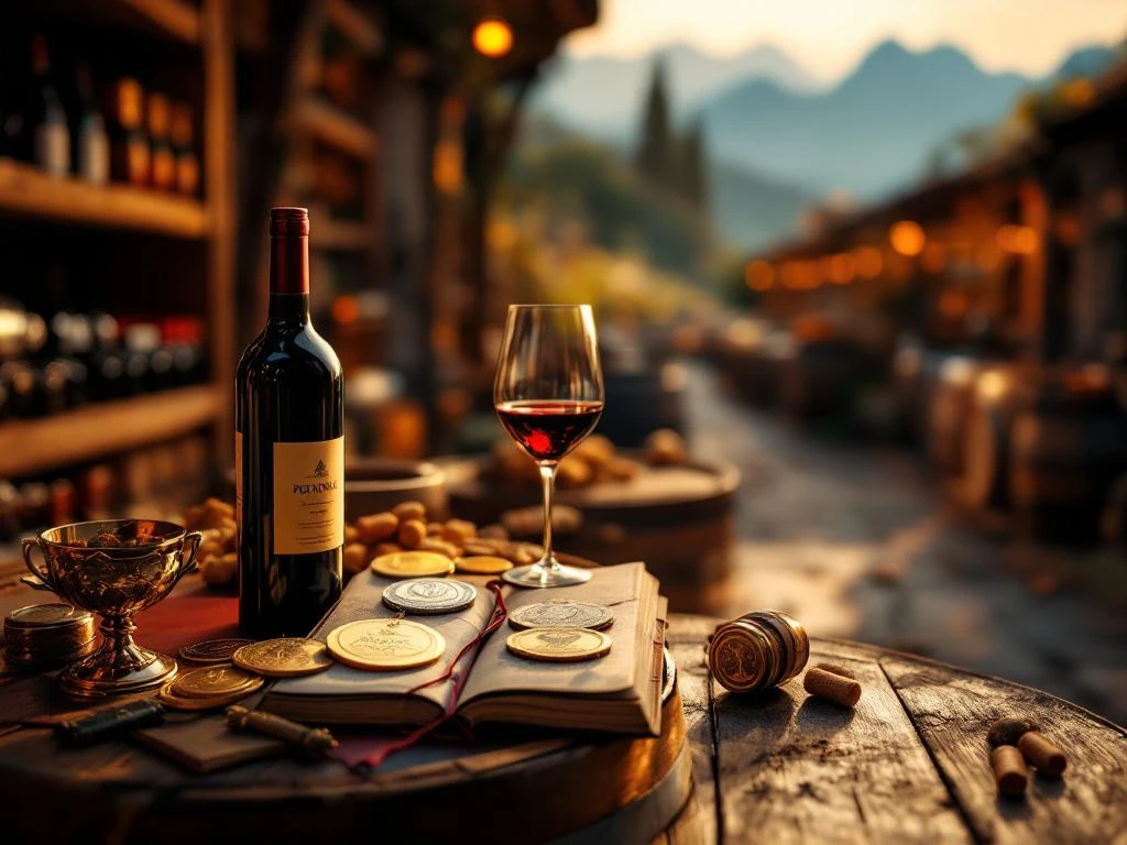 Luchtfoto van elegante wijnkelder met Zuid-Amerikaanse wijnen, gouden trofeeën en medailles tussen houten rekken