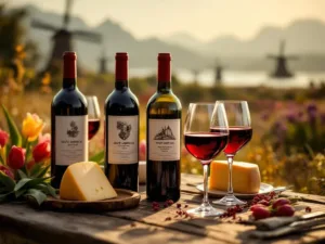 Wijnproeverij met Zuid-Amerikaanse wijnflessen, Nederlandse kaaswielen en tulpen op rustieke houten tafel