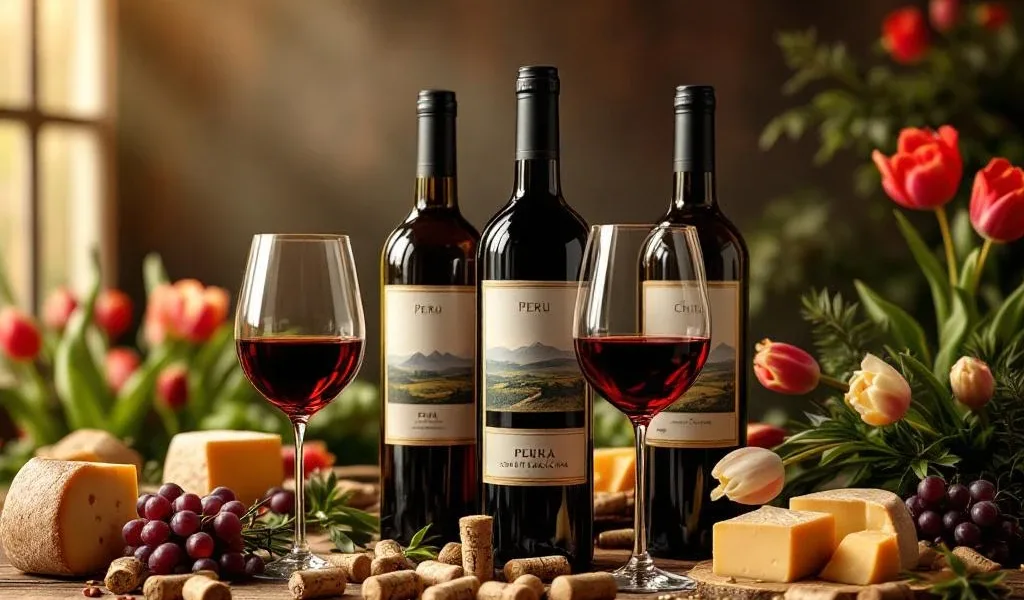Elegante wijnproeverij met Zuid-Amerikaanse wijnen uit Peru en Chili, Nederlandse kaas, tulpen en wijnglazen op houten tafel