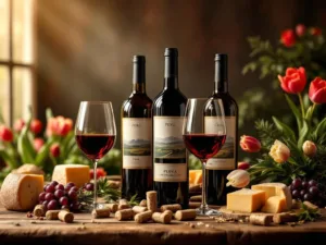 Elegante wijnproeverij met Zuid-Amerikaanse wijnen uit Peru en Chili, Nederlandse kaas, tulpen en wijnglazen op houten tafel