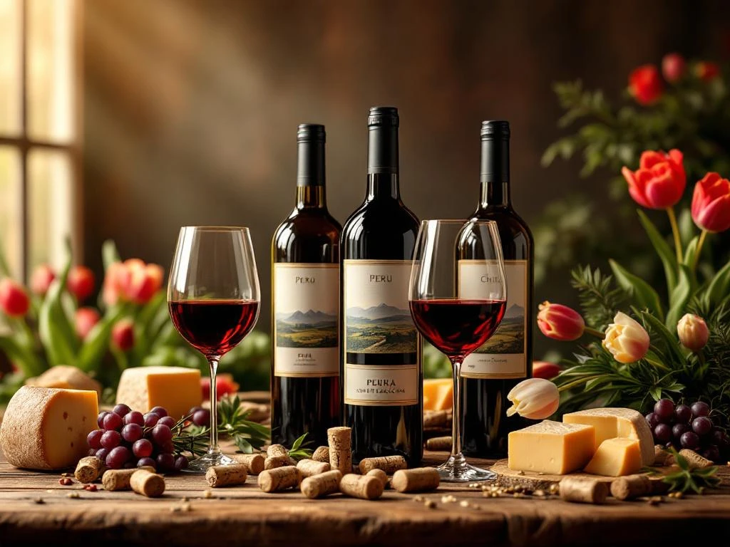 zuid-amerikaanse-wijn-proeverij-peru-chili-kaas.jpg Elegante wijnproeverij met Zuid-Amerikaanse wijnen uit Peru en Chili, Nederlandse kaas, tulpen en wijnglazen op houten tafel