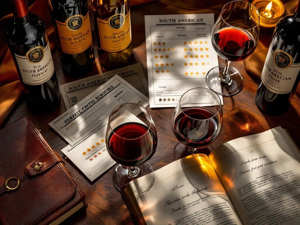 zuid-amerikaanse-wijn-proeverij-luxe-degustatie.jpg Zuid-Amerikaanse wijnflessen met perfecte beoordelingen op mahoniehout, kristallen glazen en open wijnjournal