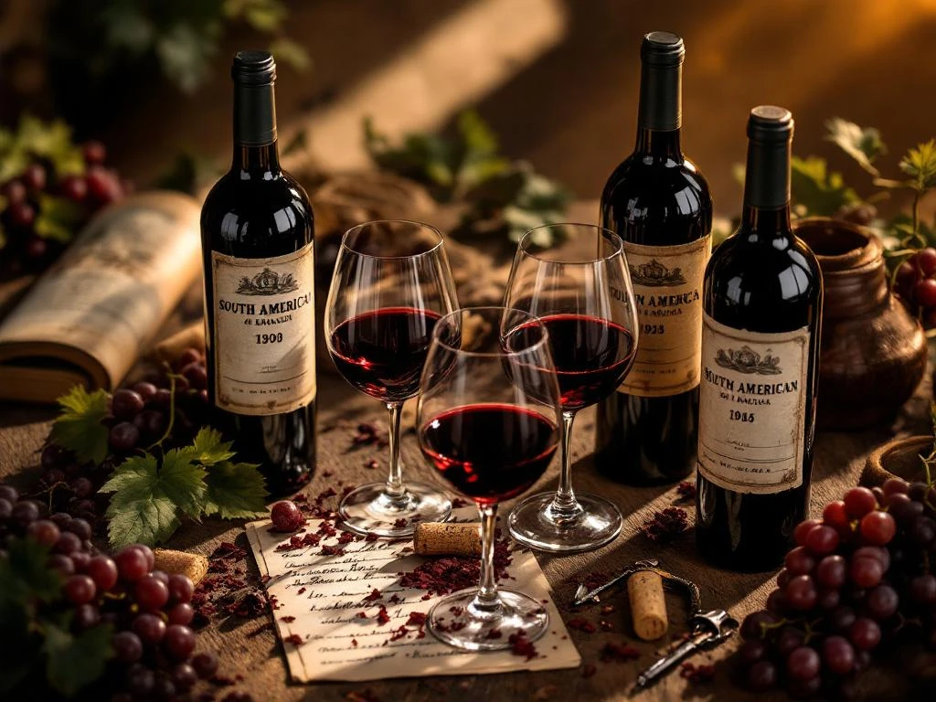 wijn-proeven-zuid-amerikaanse-vintage-flessen.jpg Wijnproeverij met vintage Zuid-Amerikaanse wijnflessen en glazen rode wijn op rustieke houten tafel met druiven