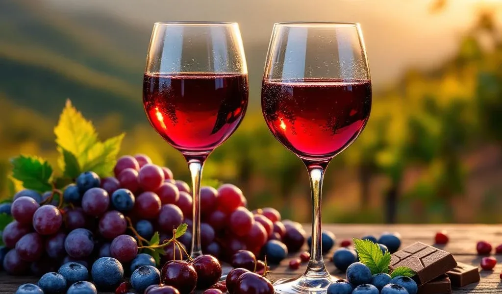 Rode wijnglazen met Zuid-Amerikaanse wijn, verse druiven en bessen, Andesgebergte wijngaarden op achtergrond