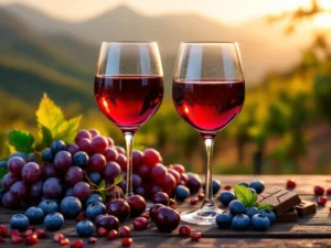 Rode wijnglazen met Zuid-Amerikaanse wijn, verse druiven en bessen, Andesgebergte wijngaarden op achtergrond