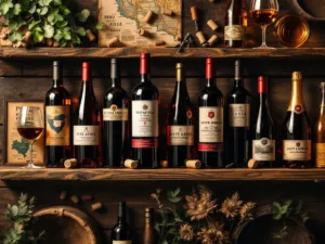 Luxe Zuid-Amerikaanse wijnflessen op rustiek houten rek met vintage kaarten, kurkentrekkers en wijnglazen