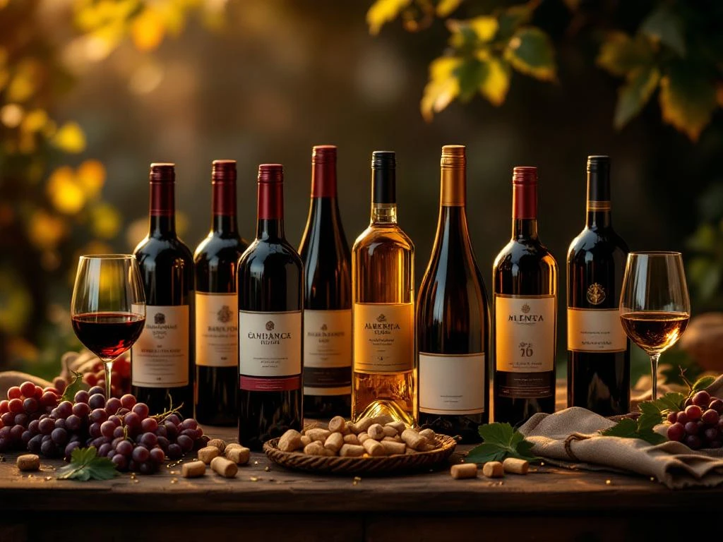 Tien elegante Zuid-Amerikaanse wijnflessen op rustieke houten tafel met glazen, druiven en Andesaanse textiel