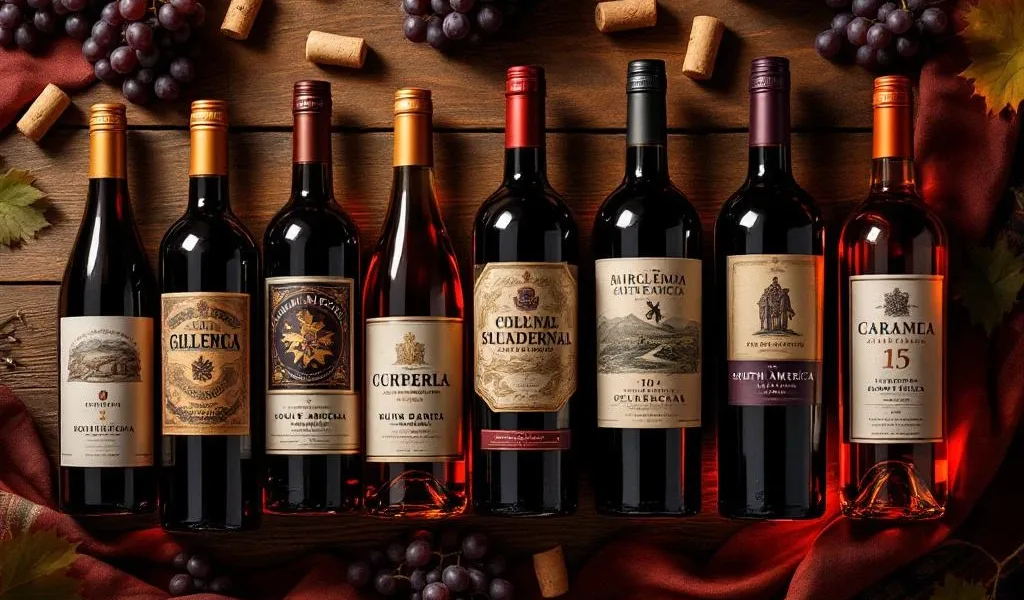 Negen premium Zuid-Amerikaanse wijnflessen in boogvorm op rustiek hout met druiven en warme verlichting