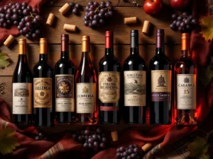 Negen premium Zuid-Amerikaanse wijnflessen in boogvorm op rustiek hout met druiven en warme verlichting