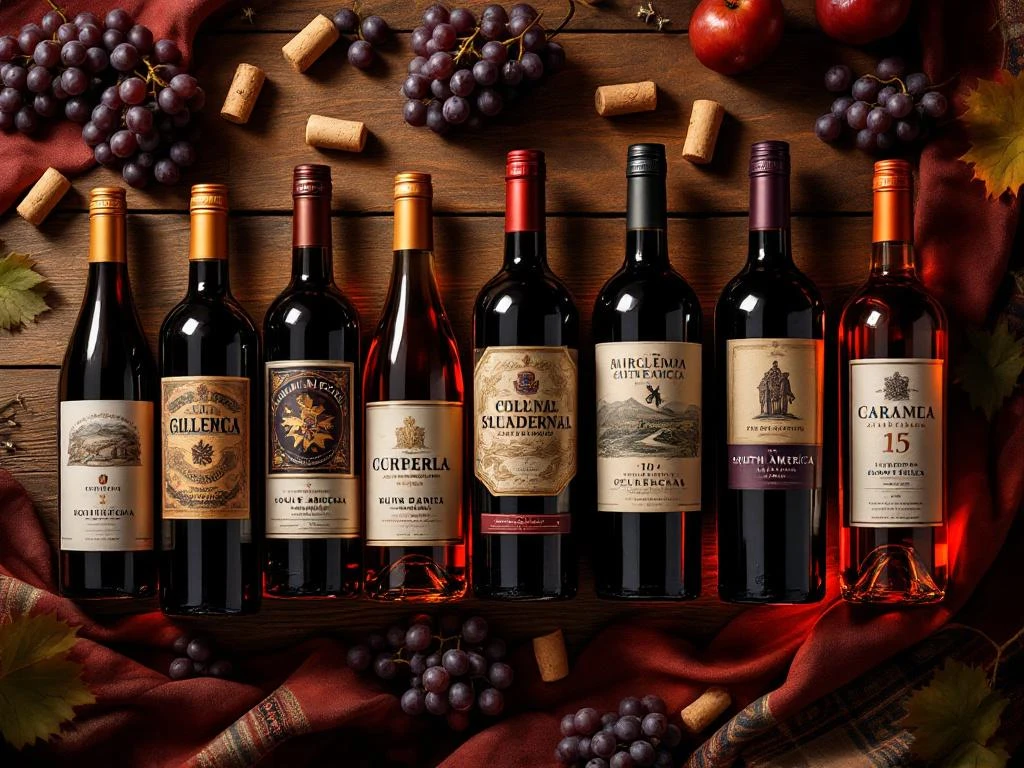 Negen premium Zuid-Amerikaanse wijnflessen in boogvorm op rustiek hout met druiven en warme verlichting