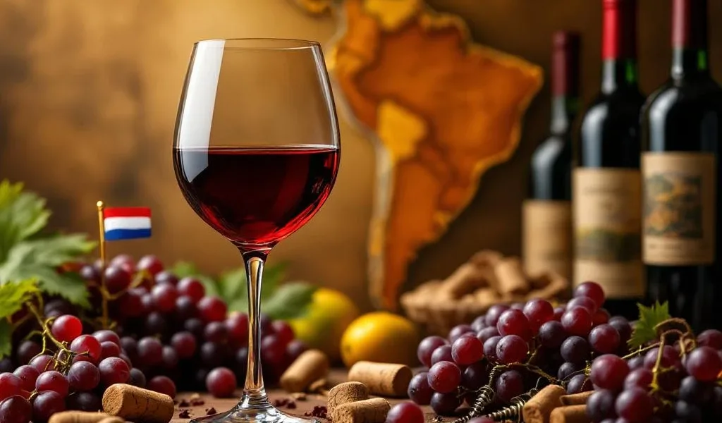 Glas rode wijn met Zuid-Amerikaanse wijnflessen, druiventrossen en kaart op achtergrond, Nederlandse vlag zichtbaar