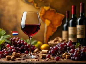 Glas rode wijn met Zuid-Amerikaanse wijnflessen, druiventrossen en kaart op achtergrond, Nederlandse vlag zichtbaar