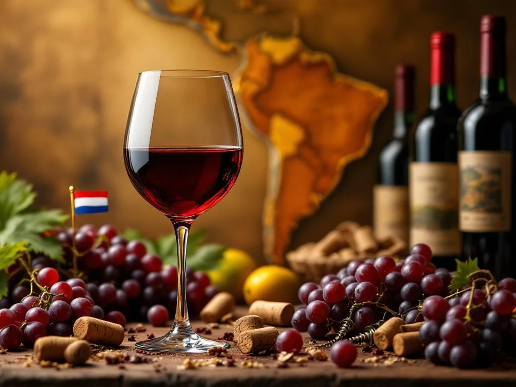 Glas rode wijn met Zuid-Amerikaanse wijnflessen, druiventrossen en kaart op achtergrond, Nederlandse vlag zichtbaar