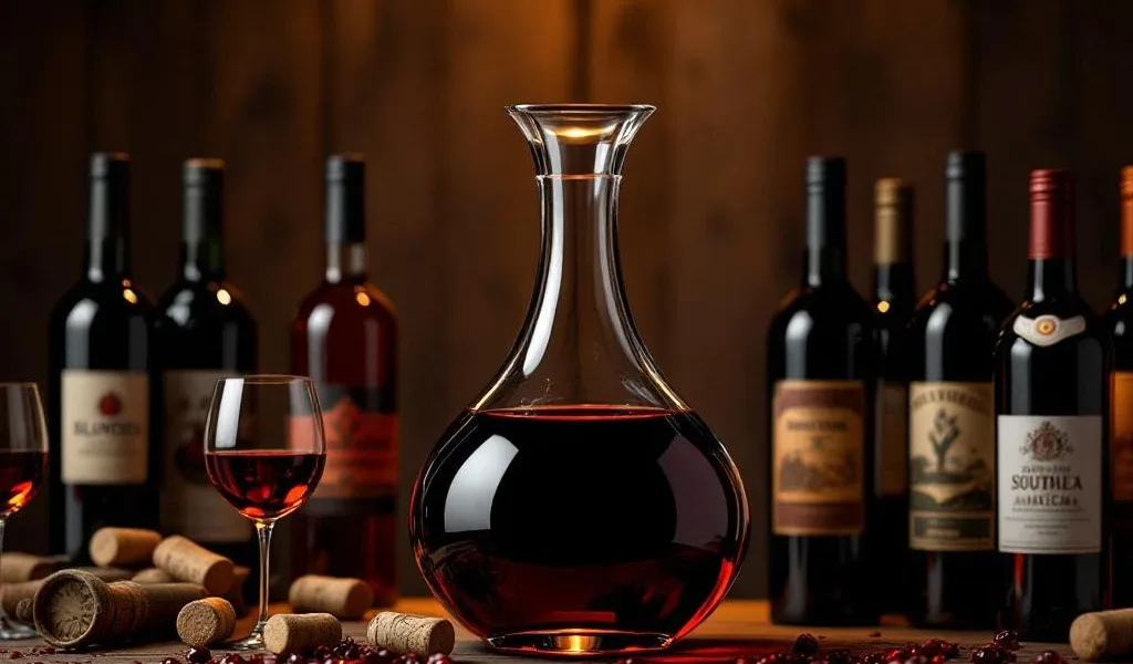 Glazen wijnkaraf met rode Zuid-Amerikaanse wijn omringd door tien wijnflessen op donkere houten achtergrond