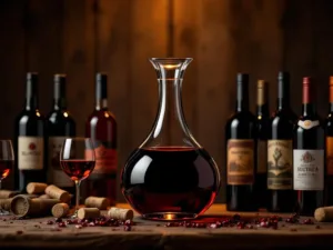 Glazen wijnkaraf met rode Zuid-Amerikaanse wijn omringd door tien wijnflessen op donkere houten achtergrond