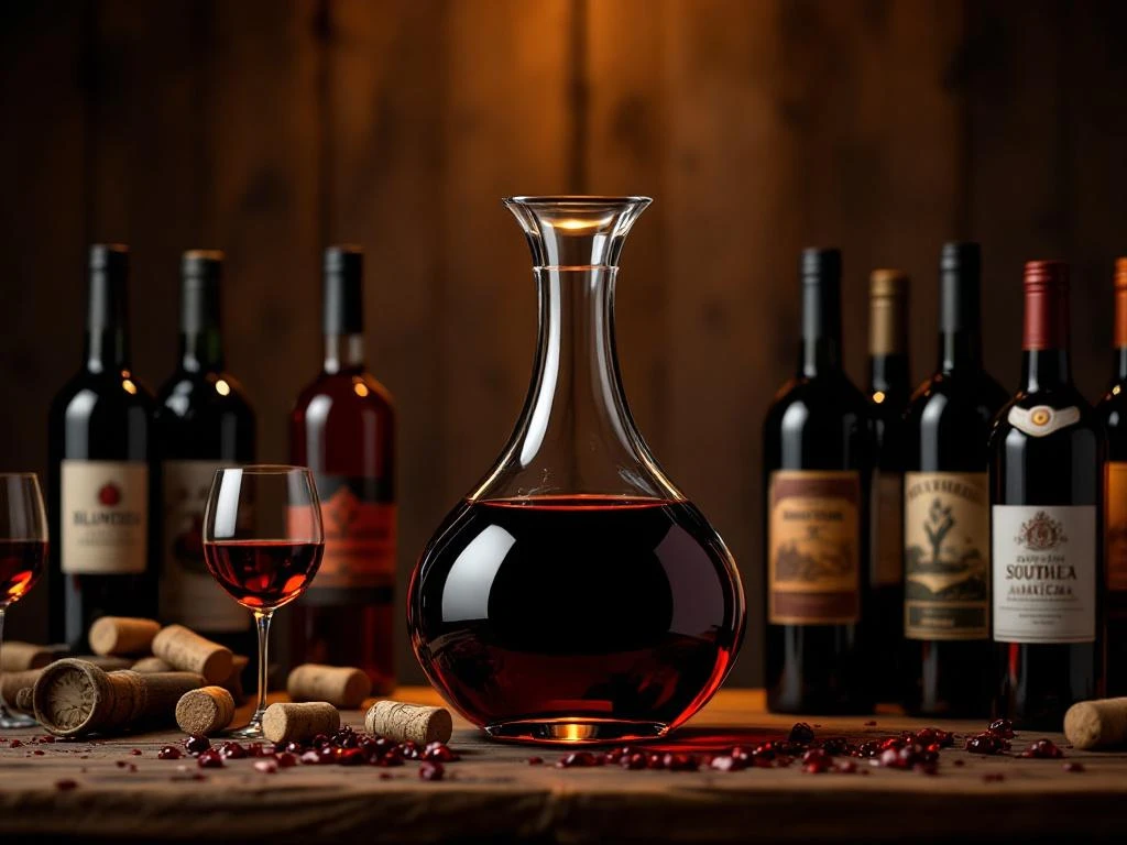 zuid-amerikaanse-wijn-decanter-collectie-elegant.jpg Glazen wijnkaraf met rode Zuid-Amerikaanse wijn omringd door tien wijnflessen op donkere houten achtergrond