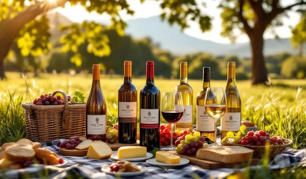 Zes Zuid-Amerikaanse wijnflessen op rustieke houten tafel met kaas, druiven en brood bij zonsondergang