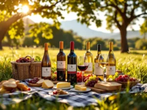 Zes Zuid-Amerikaanse wijnflessen op rustieke houten tafel met kaas, druiven en brood bij zonsondergang
