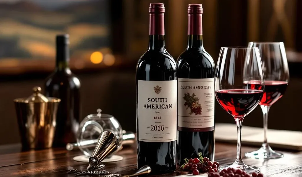 Elegante Zuid-Amerikaanse wijnflessen met kristallen glazen en sommelier gereedschap op houten tafel in luxe restaurant