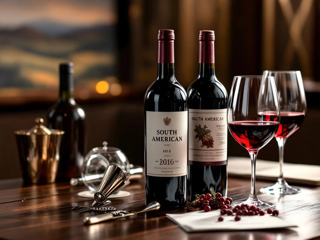 zuid-amerikaanse-wijn-proeverij-luxe-presentatie.jpg Elegante Zuid-Amerikaanse wijnflessen met kristallen glazen en sommelier gereedschap op houten tafel in luxe restaurant