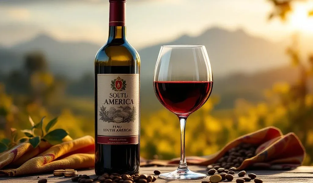 Wijnfles met Zuid-Amerikaanse etiket naast gevuld glas rode wijn op rustieke houten tafel met Peruaanse textiel