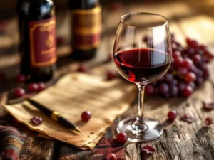 Elegant wijnglas gevuld met dieprode Zuid-Amerikaanse wijn op rustieke houten tafel met druiventrossen en proefnotities