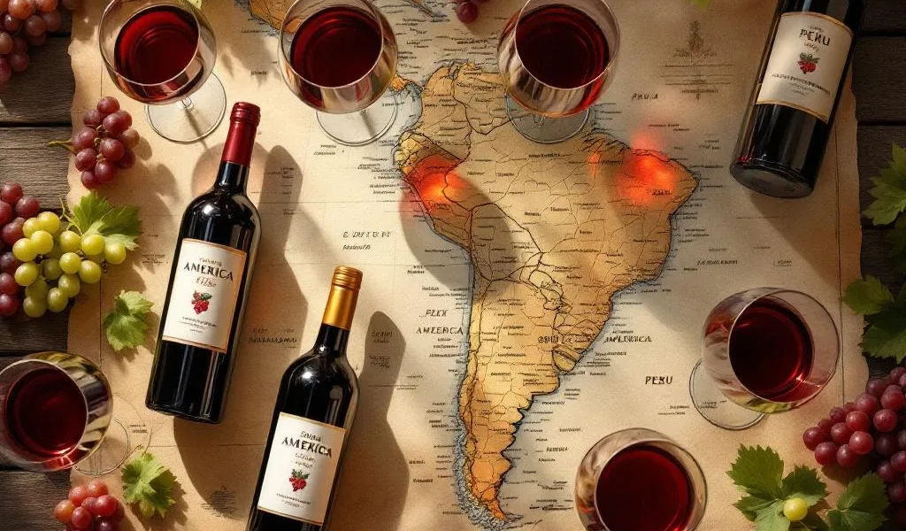 Elegante wijnproeverij met Zuid-Amerikaanse wijnen, gevulde glazen en kaart met gouden handelsroutes Peru-Nederland