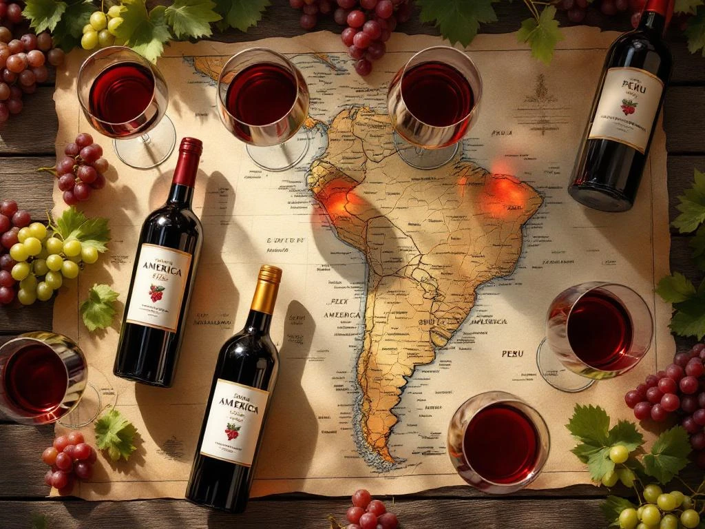 Elegante wijnproeverij met Zuid-Amerikaanse wijnen, gevulde glazen en kaart met gouden handelsroutes Peru-Nederland