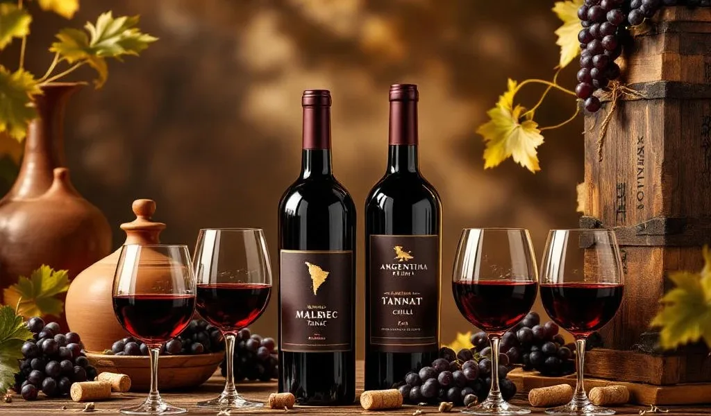 Elegante wijnproeverij met premium Zuid-Amerikaanse Malbec en Tannat flessen, wijnglazen en druiven op rustieke tafel