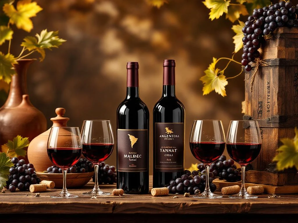 Elegante wijnproeverij met premium Zuid-Amerikaanse Malbec en Tannat flessen, wijnglazen en druiven op rustieke tafel