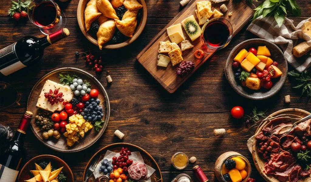Luxe Zuid-Amerikaanse wijnproeverij met rode wijn, empanadas, kaas en tropisch fruit op houten tafel