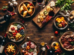 Luxe Zuid-Amerikaanse wijnproeverij met rode wijn, empanadas, kaas en tropisch fruit op houten tafel