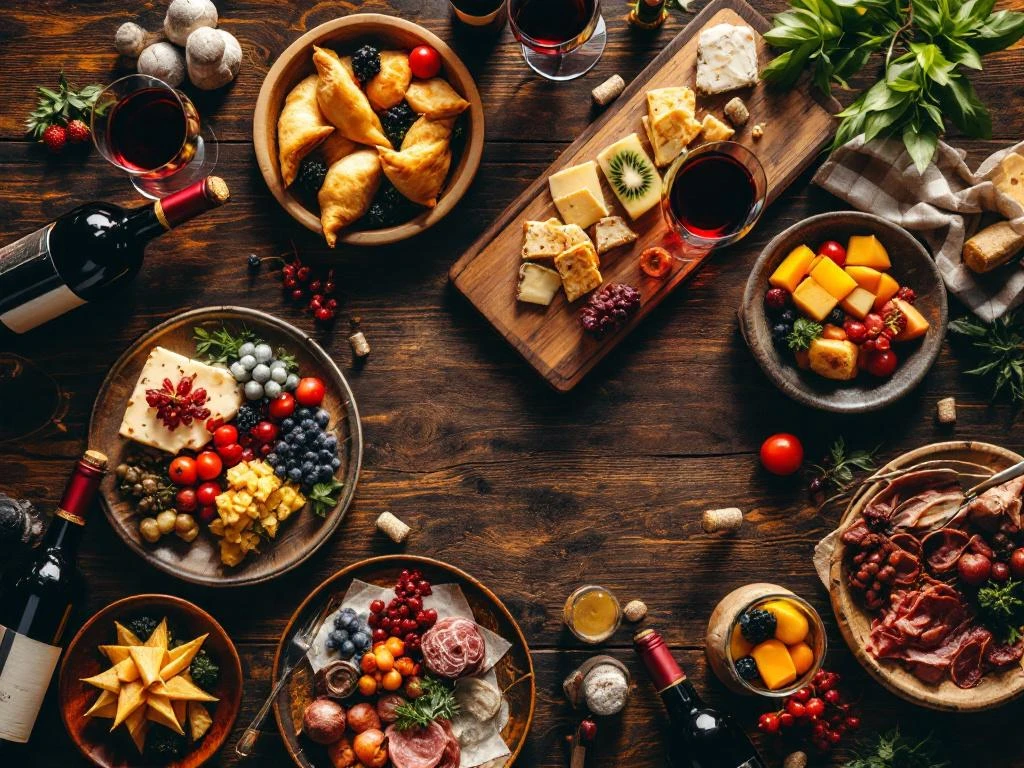 Luxe Zuid-Amerikaanse wijnproeverij met rode wijn, empanadas, kaas en tropisch fruit op houten tafel