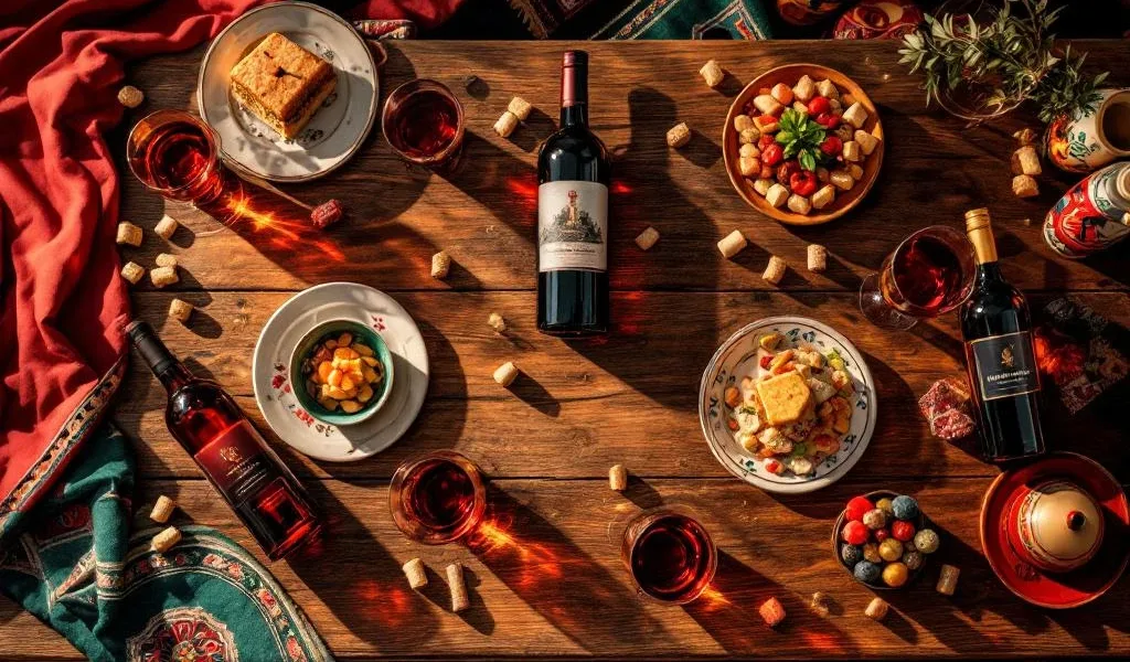 Elegante wijnproeverij opstelling met Zuid-Amerikaanse wijnen, kristallen glazen en tapas op rustieke houten tafel