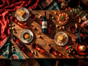 Elegante wijnproeverij opstelling met Zuid-Amerikaanse wijnen, kristallen glazen en tapas op rustieke houten tafel