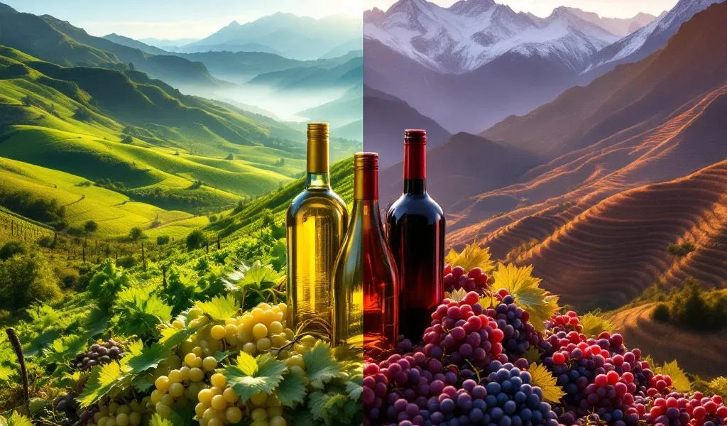 Zuid-Amerikaanse wijnterroir: kustwijngaarden met groene heuvels en oceaanmist naast bergwijngaarden met Andes-pieken
