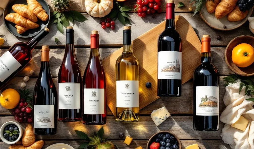 Negen Zuid-Amerikaanse wijnflessen in raster op houten tafel met croissants, fruit en kaas voor brunch