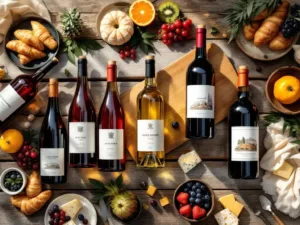 Negen Zuid-Amerikaanse wijnflessen in raster op houten tafel met croissants, fruit en kaas voor brunch