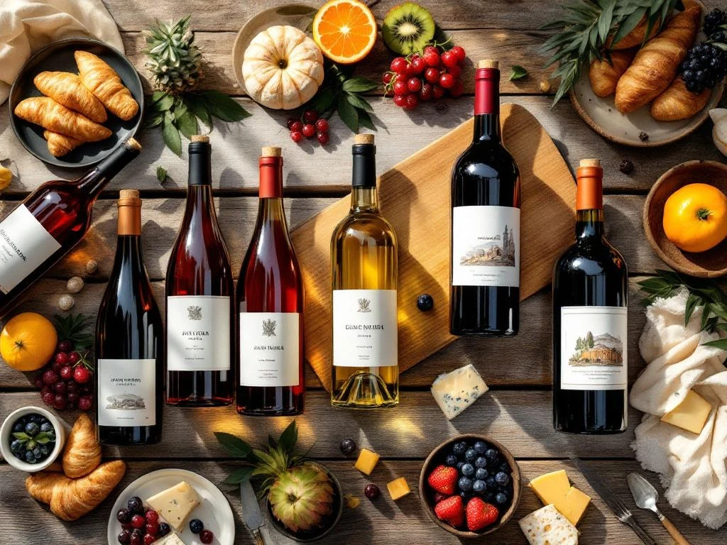 zuid-amerikaanse-wijnen-brunch-tafel-overhead.jpg Negen Zuid-Amerikaanse wijnflessen in raster op houten tafel met croissants, fruit en kaas voor brunch
