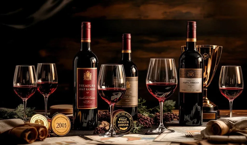 Elegante wijnproeverij met Zuid-Amerikaanse premium wijnflessen, medailles, trofeeën en kristallen glazen op donker hout