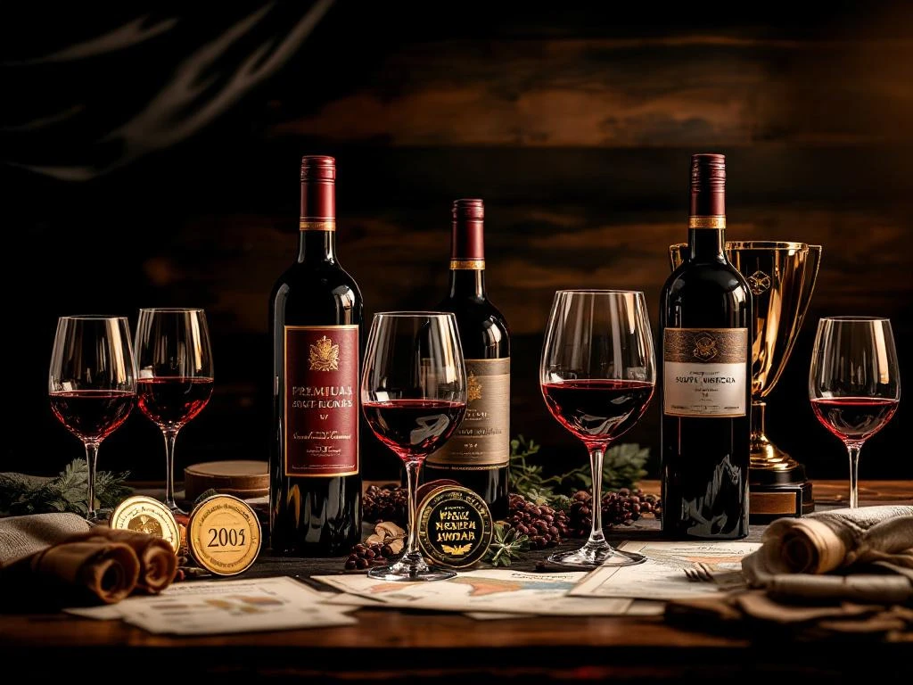 Elegante wijnproeverij met Zuid-Amerikaanse premium wijnflessen, medailles, trofeeën en kristallen glazen op donker hout