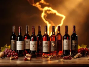 Tien elegante wijnflessen uit Zuid-Amerika in halve cirkel op mahoniehout met warme verlichting en wijntoebehoren