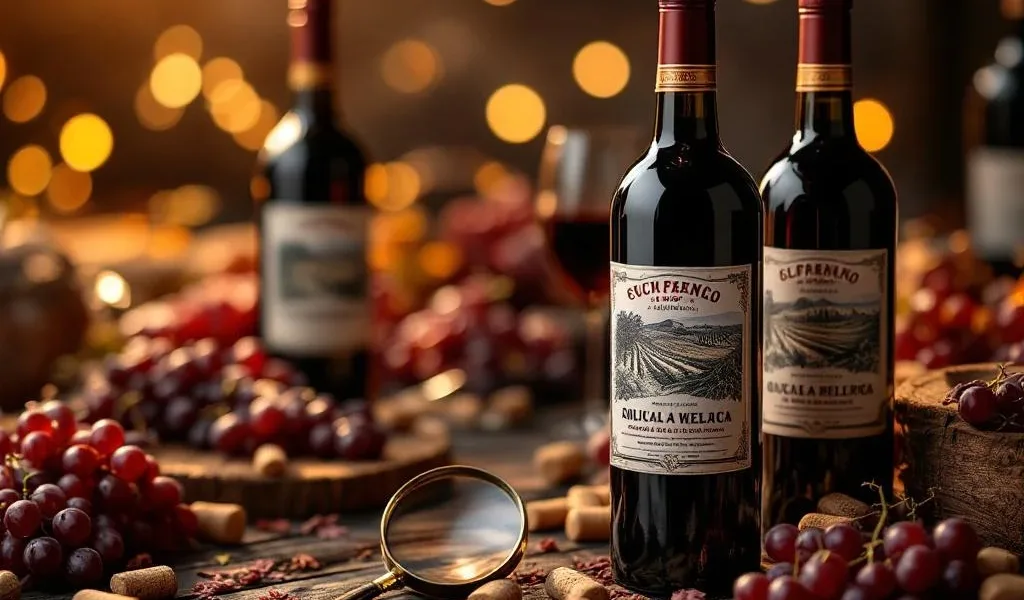 Zuid-Amerikaanse wijnflessen met sierlijke Spaanse etiketten op rustiek hout, omringd door druiven en kurken