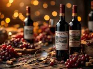 Zuid-Amerikaanse wijnflessen met sierlijke Spaanse etiketten op rustiek hout, omringd door druiven en kurken