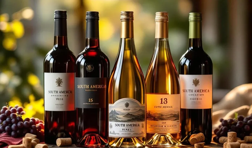 Zeven Zuid-Amerikaanse wijnflessen op rustieke houten tafel met kurken, druiven en warme verlichting